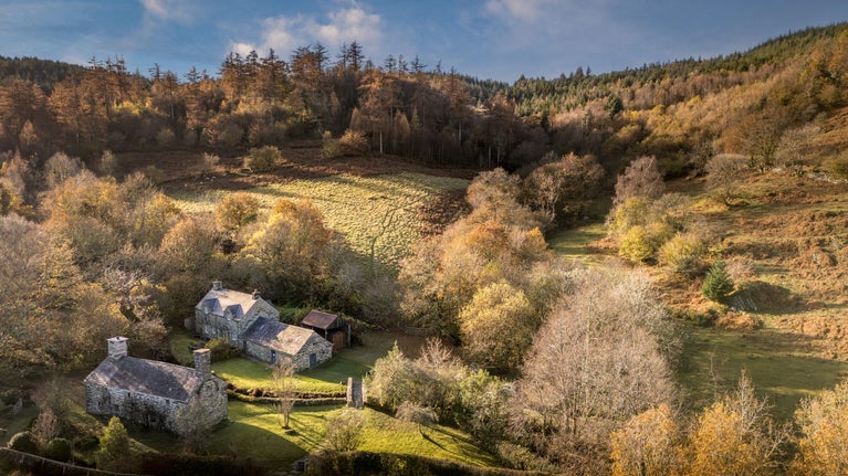 An aerial view of Glan yr Afon and neighbouring Tŷ Mawr Wybrnant, Gwynedd